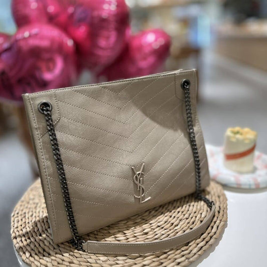 Saint Laurent Niki Crinkled Effect Shopping Tote Bag Khaki 35Cm