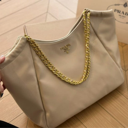 Prada Pomice Soft Calfskin Leather Chain Tote Bag Beige 38Cm
