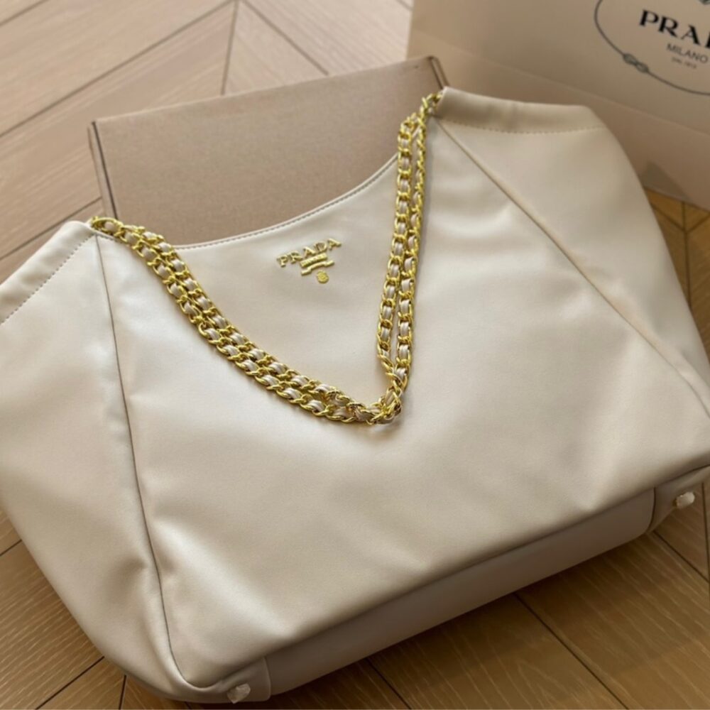 Prada Pomice Soft Calfskin Leather Chain Tote Bag White 38Cm