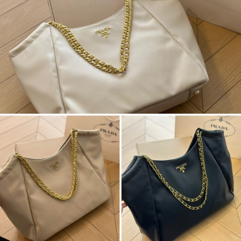 Prada Pomice Soft Calfskin Leather Chain Tote Bag Beige 38Cm