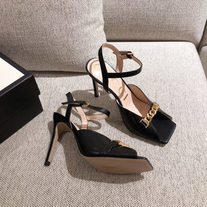 Gucci Ankle Buckle Strap Sylvie Chain Sandals In Black