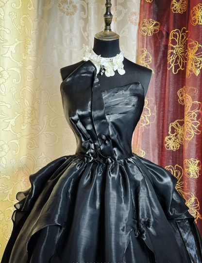 Fashion Strapless Black Satin Tulle Beaded Long Birthday Prom Dress Evening Gown SP1619