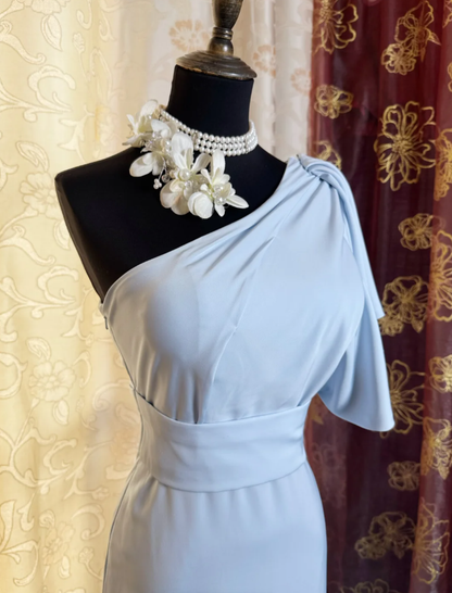 Classy One Shoulder Haze Blue Satin Pleated Mermaid Long Wedding Guest Dress Formal Birthday Evening Dress SP1618