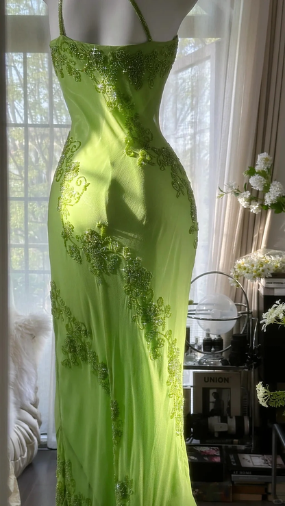 Vintage Evening Dresses, Green Spaghetti Straps Chiffon Beaded  Party Gowns Y8695