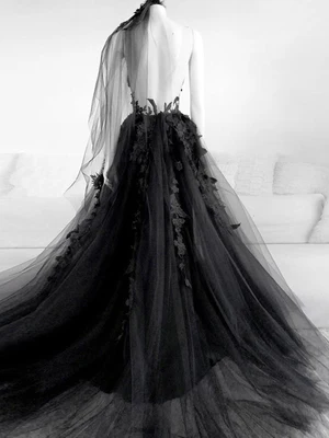 New A Line  Black V Neck Backless Lace Prom Dresses, Open Back Black Lace Formal Graduation Dresses GG050