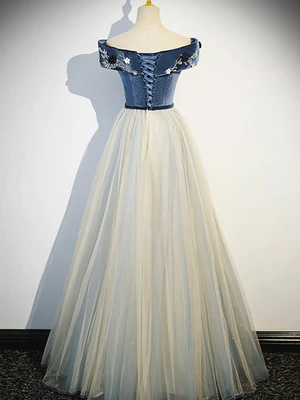 Delicate A Line Off the Shoulder Flower waist Navy Velvet Long Tulle Prom Dresses, Long Formal Evening Dresses GG057