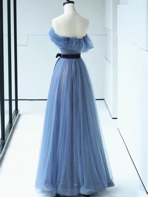 Shiny A Line  Off the Shoulder Bow-knot Waist Blue Tulle Prom Dresses, Blue Long Formal Evening Dresses GG059