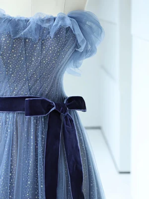 Shiny A Line  Off the Shoulder Bow-knot Waist Blue Tulle Prom Dresses, Blue Long Formal Evening Dresses GG059