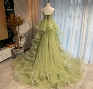 New Elegant A Line Sweetheart Neck Green  Flouncing Tulle Long Prom Dresses, Green Tulle Long Formal Graduation Dresses GG071