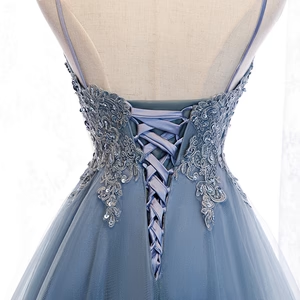 New Delicate  A Line V Neck High Low Applique  Blue Lace Prom Dresses, Formal Evening Graduation Dresses GG081