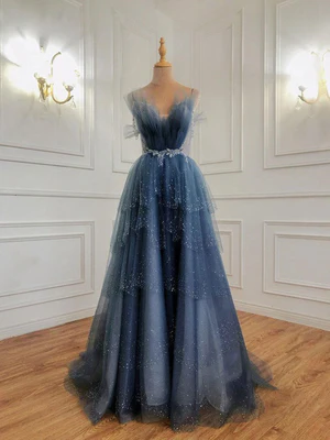 New Shiny A Line Blue Spaghetti Straps Beaded Puffy Long Prom Dresses, Blue Beaded Long Formal Graduation Dresses GG091