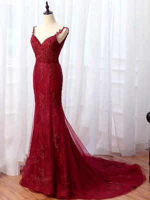 New  Bright Mermaid V Neck Burgundy Applique Lace Sweep Prom Dresses, Wine Red Mermaid Lace Formal Bridesmaid Dresses GG099
