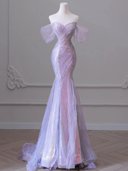 New Exquisite Mermaid Off The Shoulder Lilac Beading Sequin Long Prom Dresses, Evening Dresses GG105