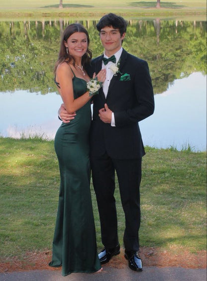 Charming Mermaid Spaghetti Straps Dark Green Satin Backless Long Prom Dress,Evening Dress GG1093