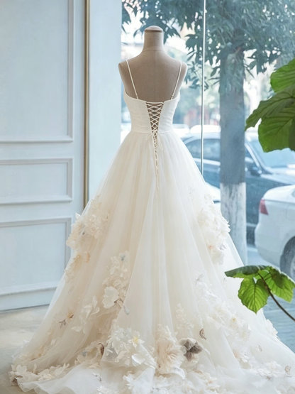 Beautiful A Line Spaghetti Straps White Tulle Applique Long Prom Dress,Wedding Dress,Evening Dress GG1109
