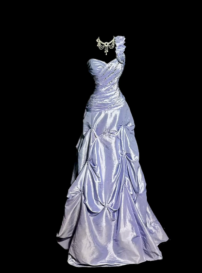 Obsessed A Line One Shoulder Lilac Satin Long Prom Dress,Wedding Dress,Evening Dress GG1171