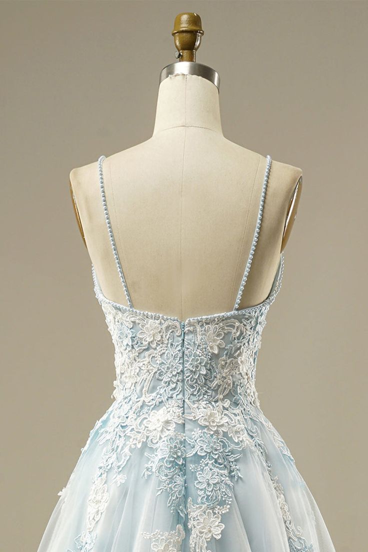 New Delicate A-Line Light Blue Spaghetti Straps V Neck Beading Applique Long  Prom Dress , Evening Dress GG119