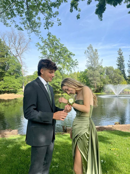 Beautiful A Line Strapless Green Satin Slit Long Prom Dress,Evening Dress GG1322