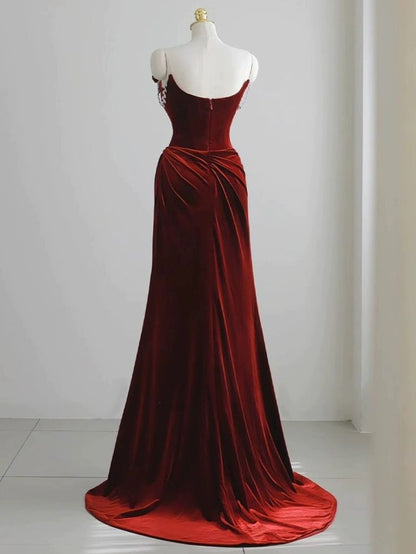 Sexy A Line Spaghetti Straps Red Velvet  Long  Floral Prom Dresses,Evening Dresses GG133