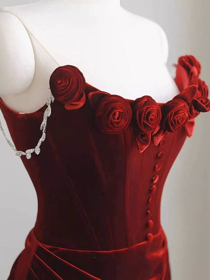 Sexy A Line Spaghetti Straps Red Velvet  Long  Floral Prom Dresses,Evening Dresses GG133
