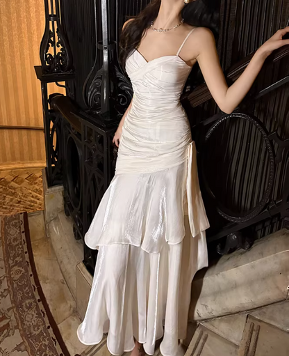 Charming Mermaid Spaghetti Straps White Chiffon Pleated Tea Length Prom Dress,Evening Dress GG1437