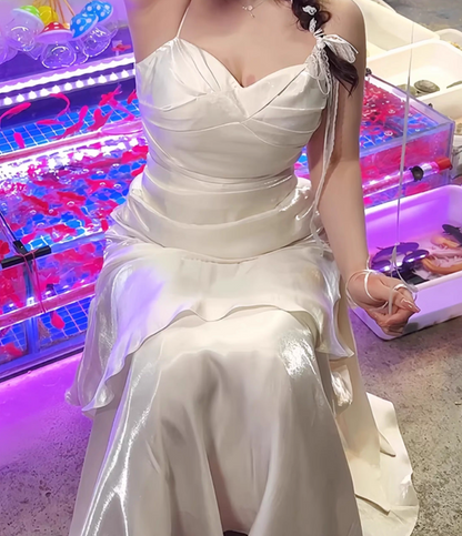 Charming Mermaid Spaghetti Straps White Chiffon Pleated Tea Length Prom Dress,Evening Dress GG1437