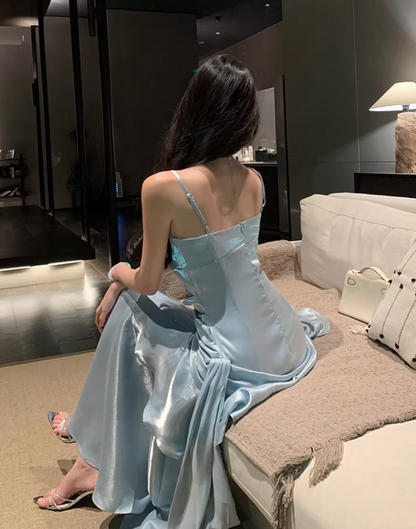 Charming Mermaid Spaghetti Straps White Chiffon Pleated Tea Length Prom Dress,Evening Dress GG1437