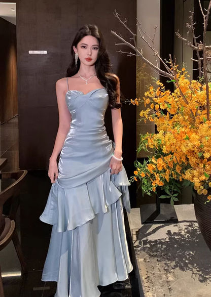 Charming Mermaid Spaghetti Straps White Chiffon Pleated Tea Length Prom Dress,Evening Dress GG1437