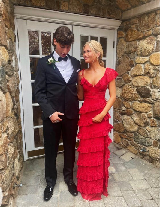 Charming Mermaid V Neck Red Lace Ruffles Long Prom Dress,Evening Dress GG1455