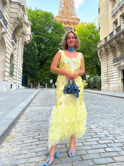 Sparkly Mermaid U Neck Pastel Yellow Sequin Feather Long Prom Dress,Evening Dress GG1577