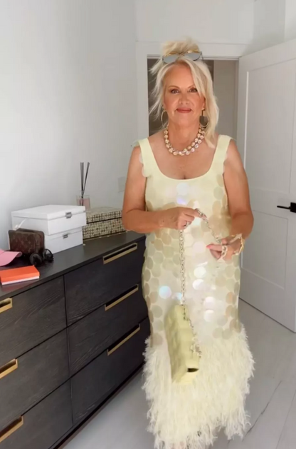 Sparkly Mermaid U Neck Pastel Yellow Sequin Feather Long Prom Dress,Evening Dress GG1577
