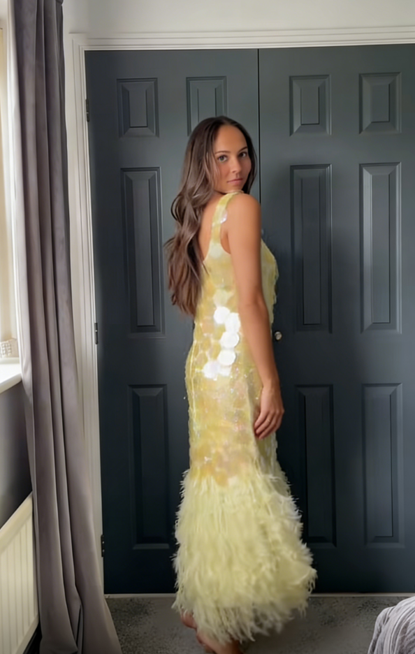 Sparkly Mermaid U Neck Pastel Yellow Sequin Feather Long Prom Dress,Evening Dress GG1577