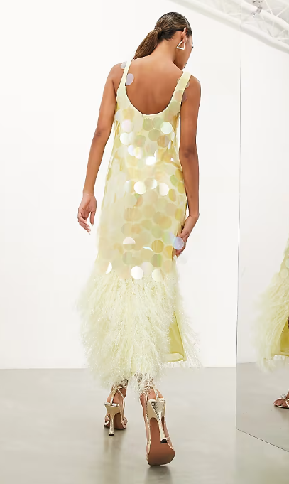 Sparkly Mermaid U Neck Pastel Yellow Sequin Feather Long Prom Dress,Evening Dress GG1577