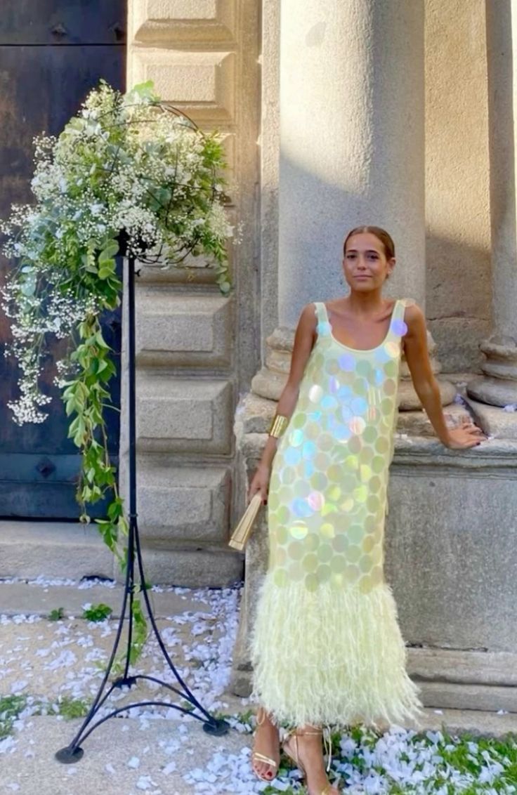 Sparkly Mermaid U Neck Pastel Yellow Sequin Feather Long Prom Dress,Evening Dress GG1577