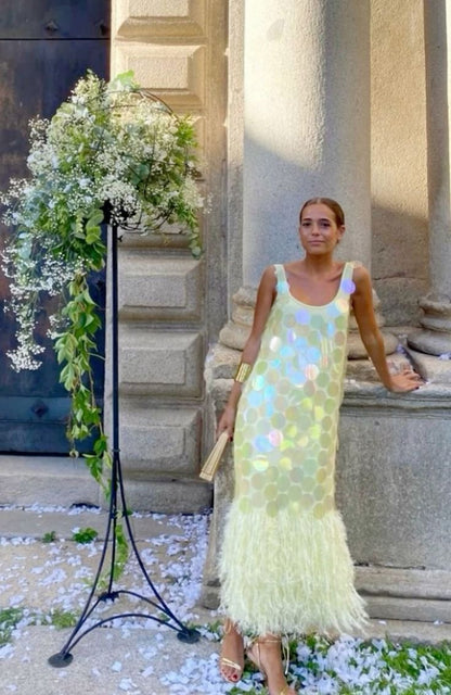 Sparkly Mermaid U Neck Pastel Yellow Sequin Feather Long Prom Dress,Evening Dress GG1577