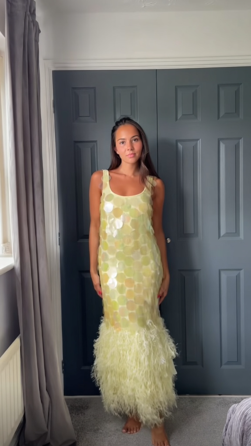 Sparkly Mermaid U Neck Pastel Yellow Sequin Feather Long Prom Dress,Evening Dress GG1577