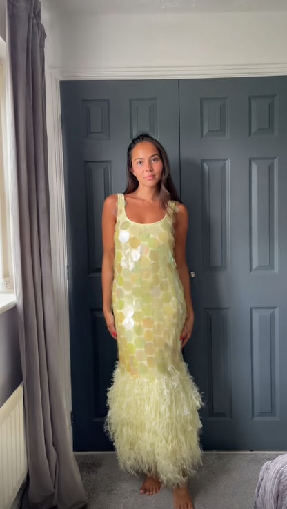 Sparkly Mermaid U Neck Pastel Yellow Sequin Feather Long Prom Dress,Evening Dress GG1577