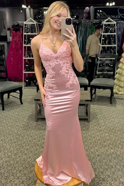Sexy Mermaid Halter Straps Pink Satin Applique Backless Long Prom Dress,Evening Dress GG1673