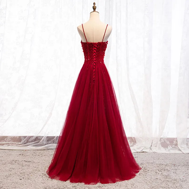 Shiny A Line Spaghetti Straps Red Tulle Sequin Beaded  Long Prom Dress,Evening Dress GG1715