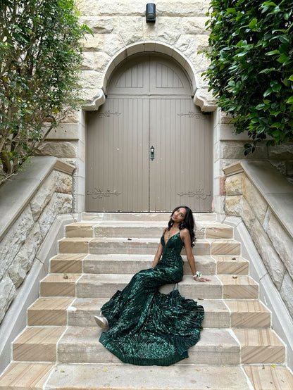 Glitter Mermaid V Neck Dark Green Satin Sequin Slit  Long Prom Dress,Evening Dress GG1757