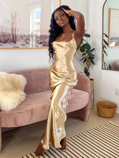 Sexy Mermaid Spaghetti Straps Gold Satin Long Prom Dress,Evening Dress GG1762