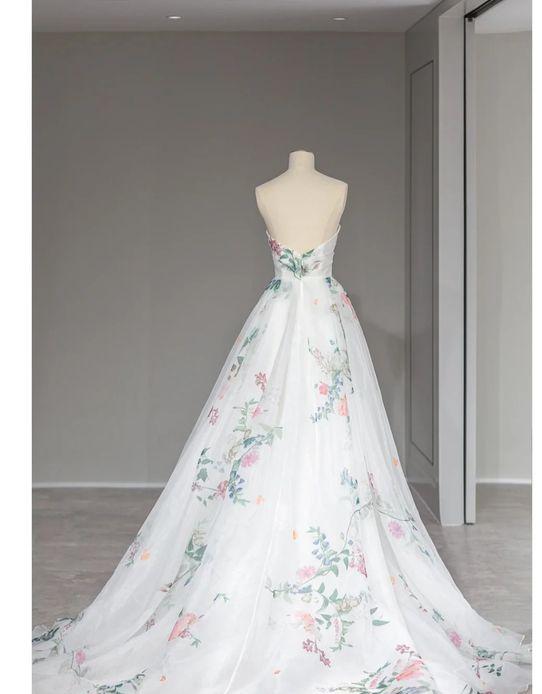 Elegant  A Line White Strapless Lace Print Flower Long Prom Dress,Evening Dresses GG179