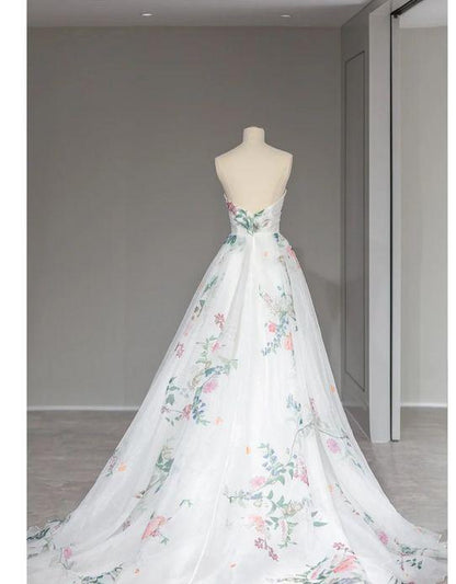 Elegant  A Line White Strapless Lace Print Flower Long Prom Dress,Evening Dresses GG179