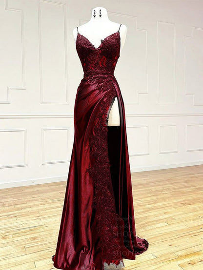 Pretty Mermaid Spaghetti Straps Satin Tulle Applique Long Prom Dress,Evening Dress GG1820
