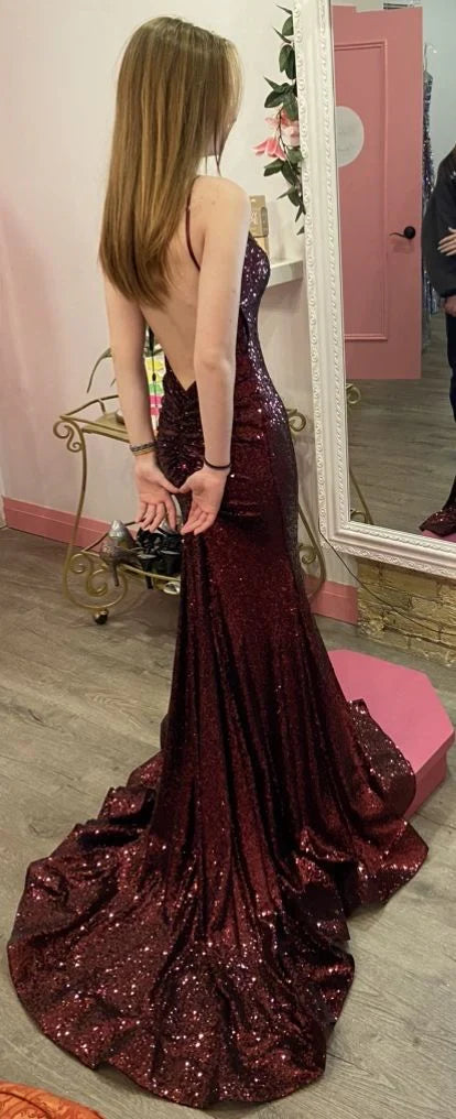 Shiny Mermaid Spaghetti Straps Burgundy Sequin Slit Backless Long Prom Dress,Evening Dress GG1821