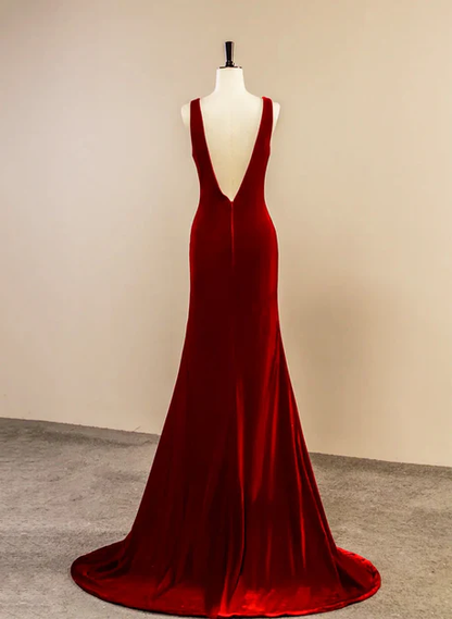 Sexy A Line V Neckline Wine Red Velvet Slit Long Prom Dress, Evening Dress  GG196