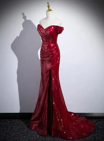 Shiny Mermaid Red Sequins Off The Shoulder Split Long Prom Dresses ,Evening Dresses GG211