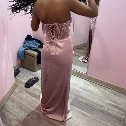 Gorgeous Mermaid Strapless Satin Pleated Beaded Slit Long Prom Dress,Party Dress,Evening Dress GG2171