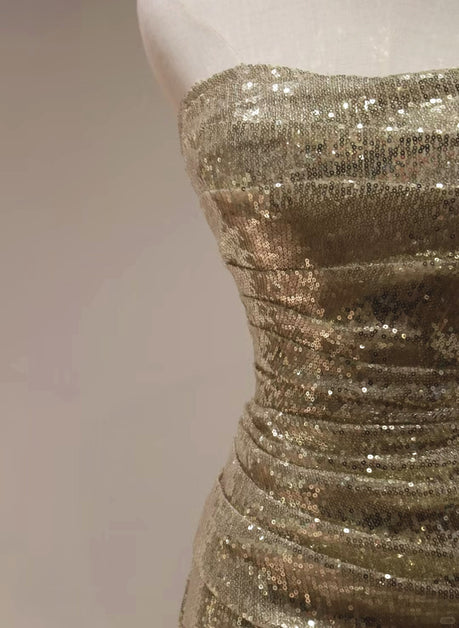 Chic Mermaid Strapless Sequins Gold Sweep Long Prom Dress, Evening Dresses GG218