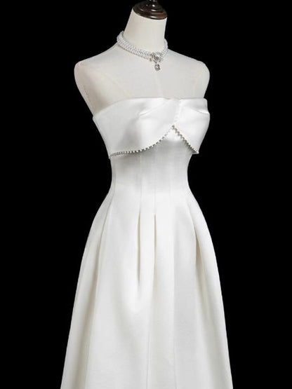 White A Line Strapless Satin Lace Long Prom Dress,Wedding Dress,Evening Dress GG2312